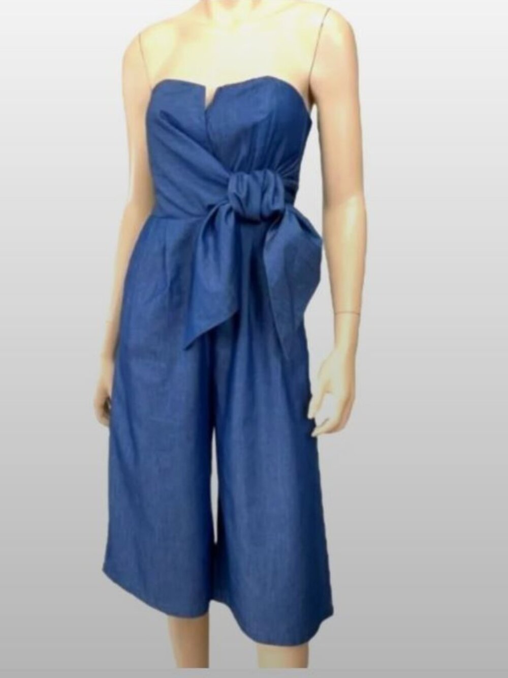 MUSTARD SEED Denim Vibe Lightweight Strapless Wide Leg Capri Cropped Jumpsuit-S